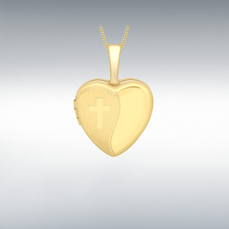 9ct Yellow Gold 12mm x 18mm Etched-Cross-Detail Heart Locket