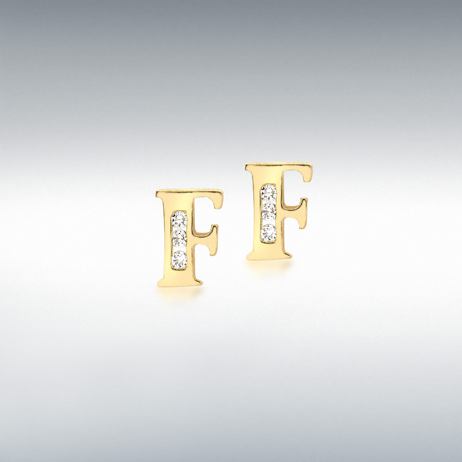 9ct Yellow Gold CZ 5mm x 7mm 'F' Initial Stud Earrings