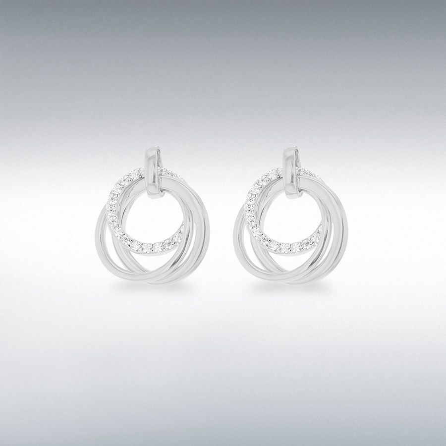 Sterling Silver Rhodium Plated CZ 15mm x 17mm Linked-Rings Drop Earrings
