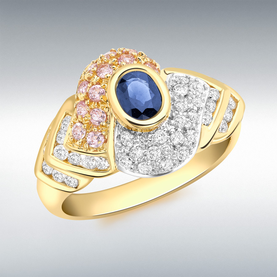 18ct Yellow Gold 0.48ct Diamond with Pink and Blue Sapphire Pave Set Ring