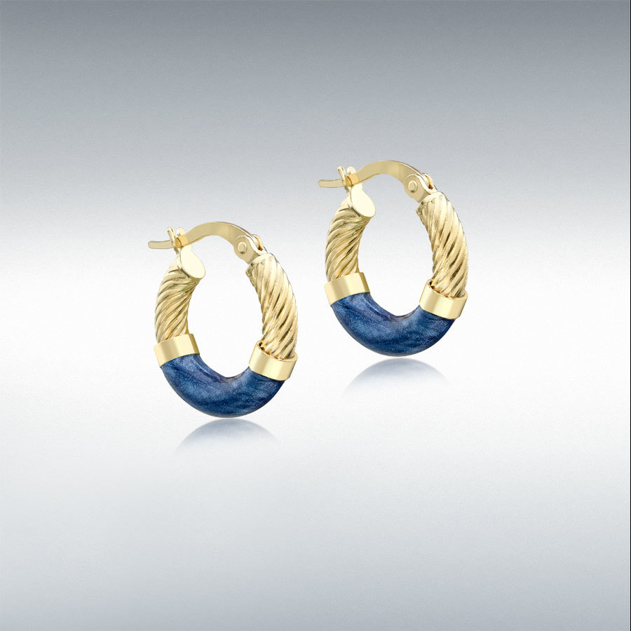 9ct Gold 16.5mm Blue Enamel Twist-Tube Hoop Creole Earrings