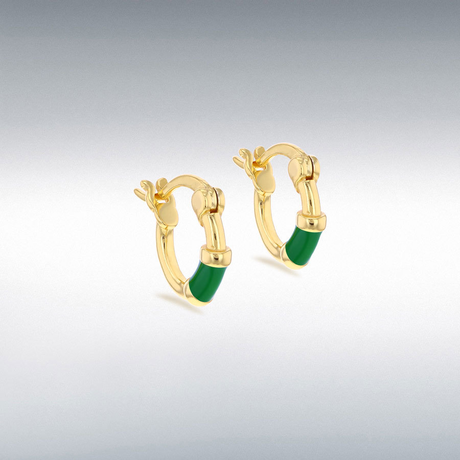 Sterling Silver Yellow Gold Plated 10mm Green Enamel Huggie Hoop Earrings