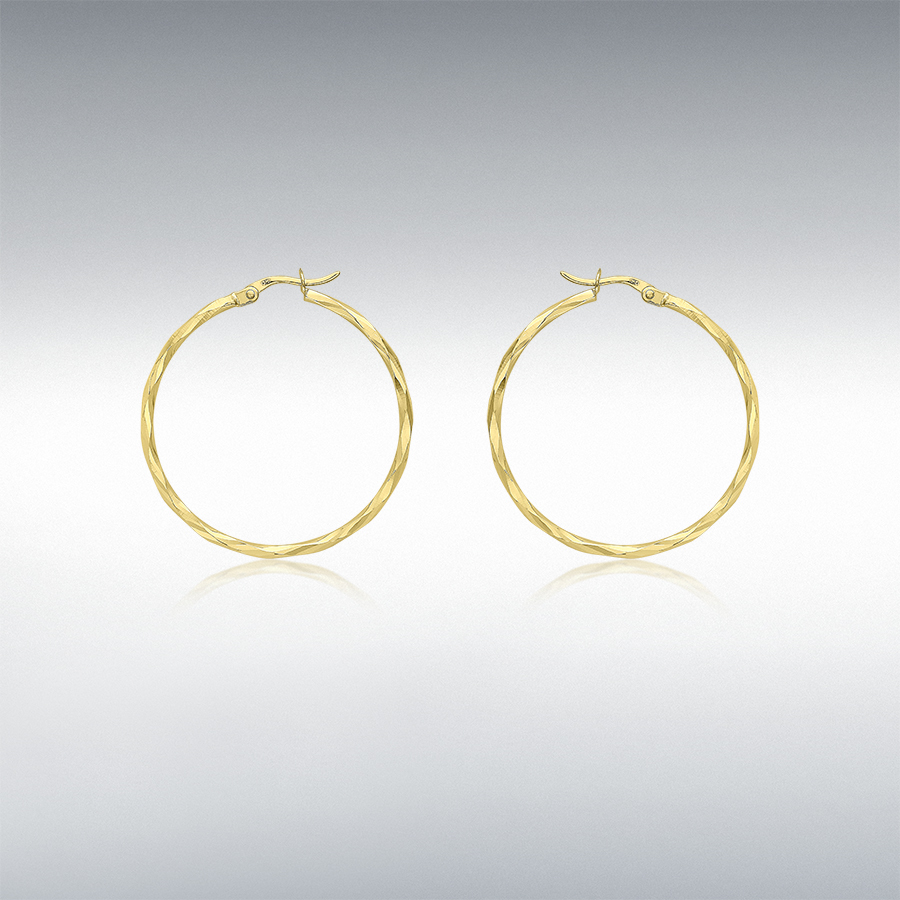 9ct Yellow Gold 1.7mm Tube 28mm Diamond Cut Faceted Hoop Creole Earrings