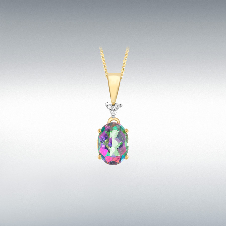 9ct Yellow Gold 0.01ct Diamond and Oval Mystic Topaz 6mm x 17mm Pendant