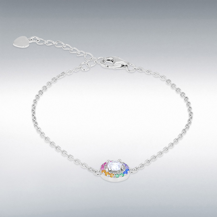 Sterling Silver Rhodium Plated Multi-Coloured CZ 8mm Disc Adjustable Bracelet 16cm/6.25"-19cm/7.5"