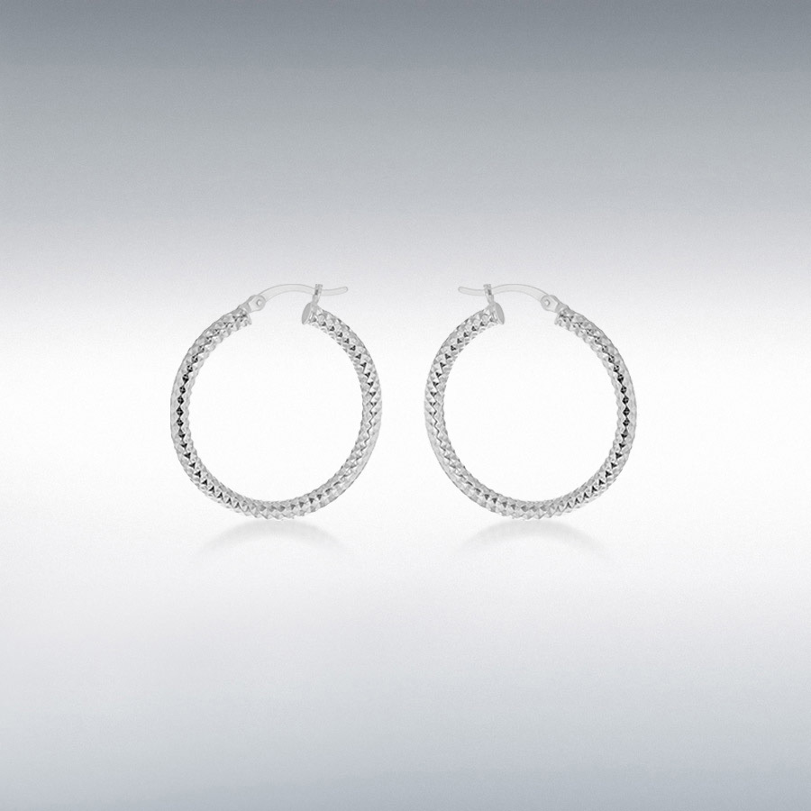 Sterling Silver Rhodium Plated 30mm Diamond Cut Hoop Creole Earrings