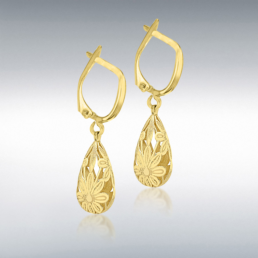 9ct Yellow Gold 7.5mm x 28mm Floral Teardrop Earrings