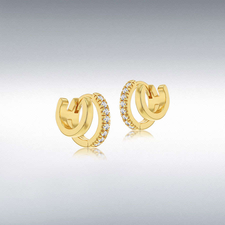 Sterling Silver Yellow Gold Plated 16 x 1.5mm CZs Double Cuff Earrings 