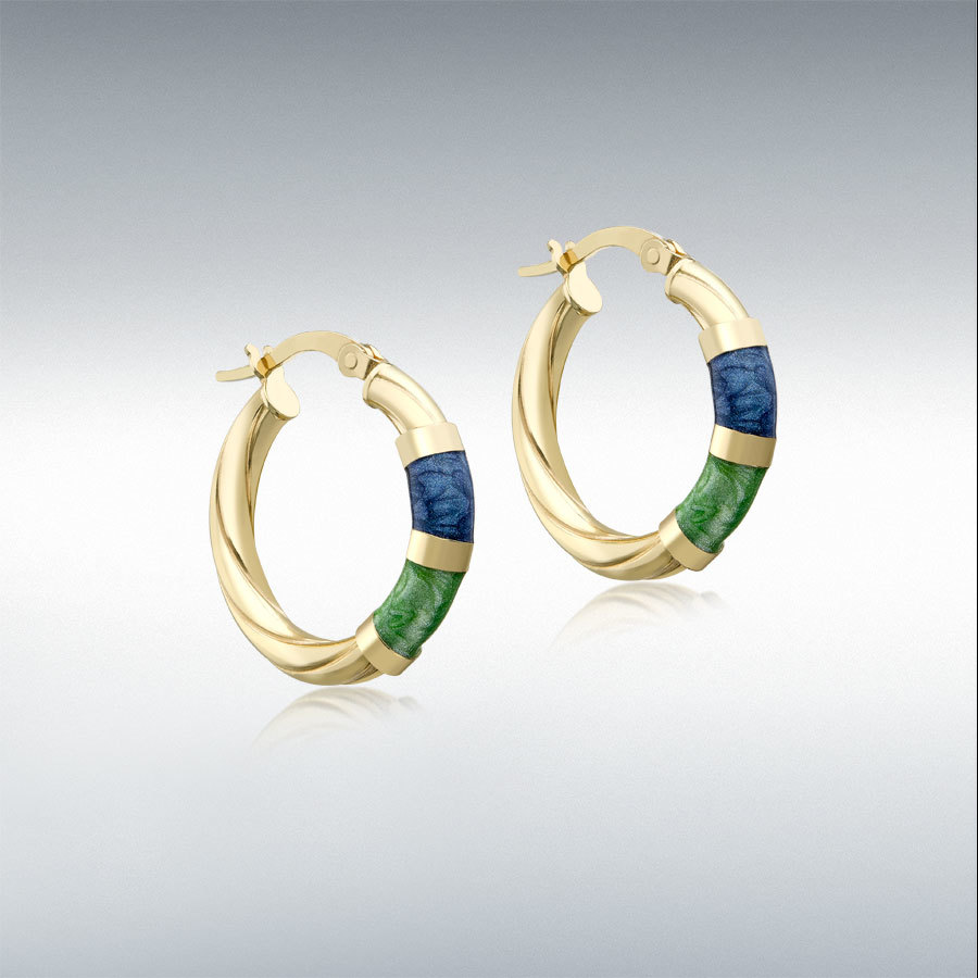 9ct Gold 21.5mm Blue and Green Enamel Slightly-Twisted-Tube Hoop Creole Earrings