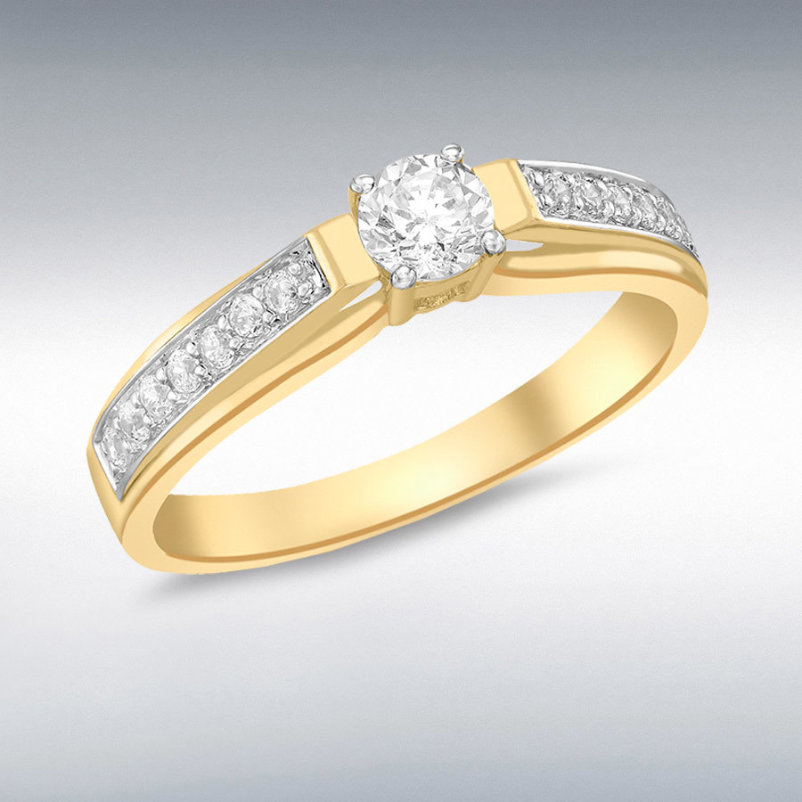 18ct Yellow Gold 4mm CZ Solitaire and CZ Shoulder Ring