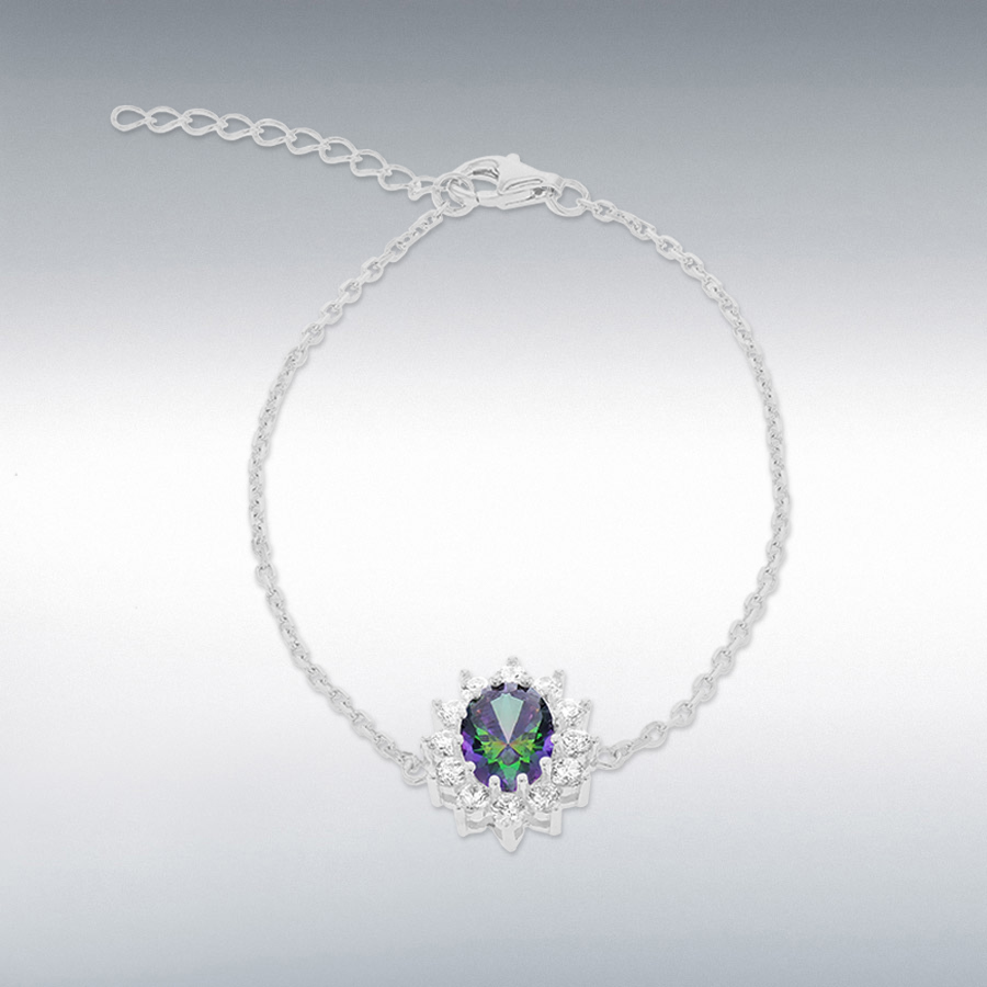 Sterling Silver Rhodium Plated Mystic and White CZ 12mm x 13.5mm Flower Cluster Bracelet 16cm/6.25"-19cm/7.5"