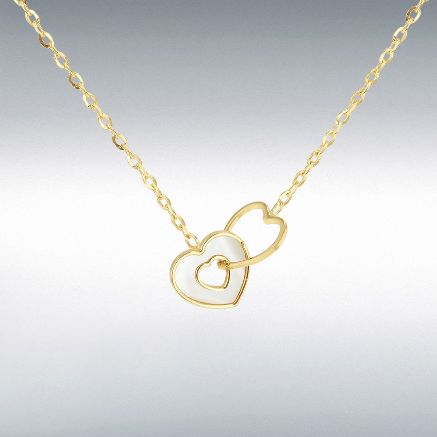 9ct Yellow Gold Linked 9mm Mother of Pearl Heart and 10mm Heart  Adjustable Necklace 39cm/15.5"-41.5cm/16.5"