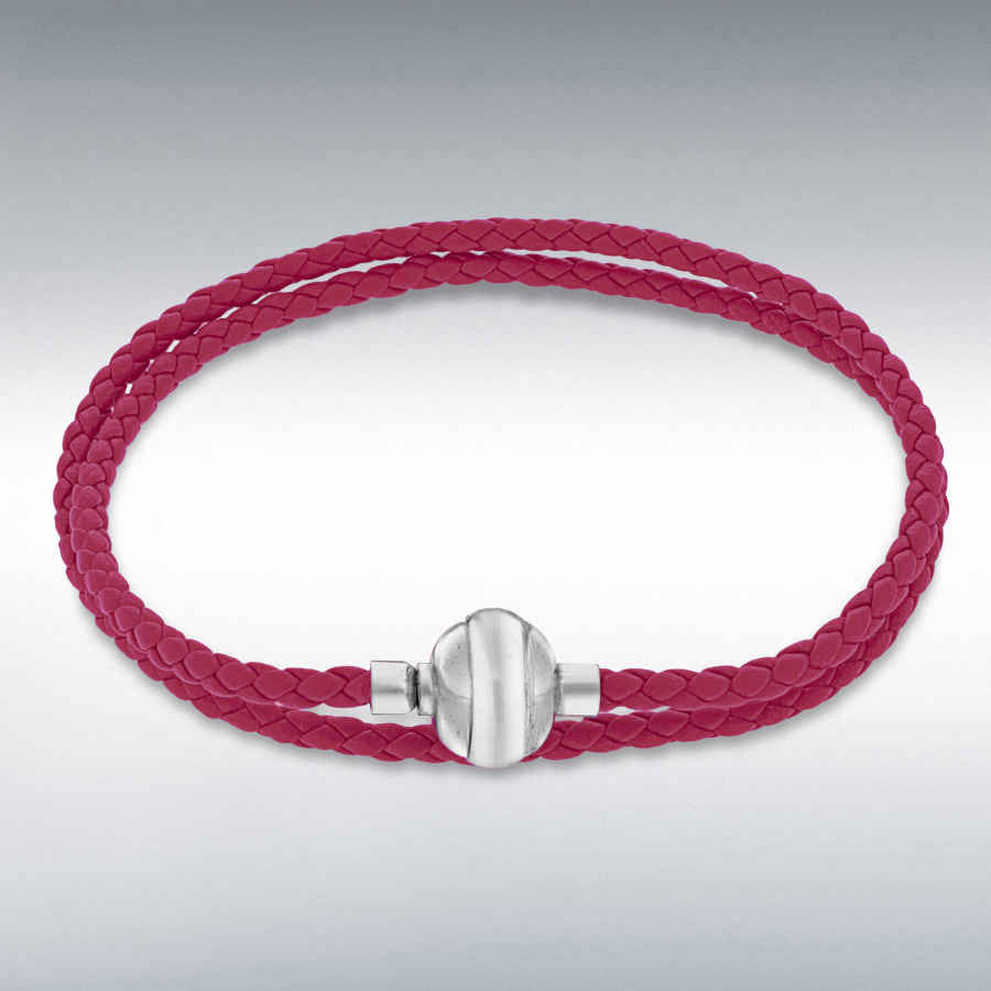 Sterling Silver Fuchsia Plaited Leather Wrap Bracelet 41cm/16"