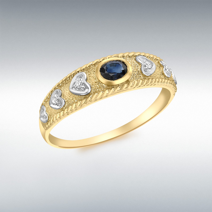 9ct Yellow Gold 0.03ct Diamond and Sapphire Satin Ring