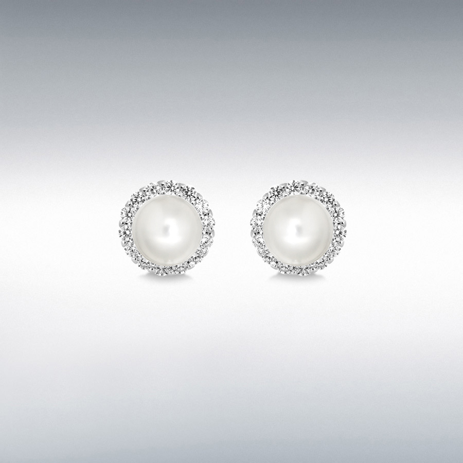 Sterling Silver Rhodium Plated CZ and Freshwater Pearl 7mm Round Stud Earrings