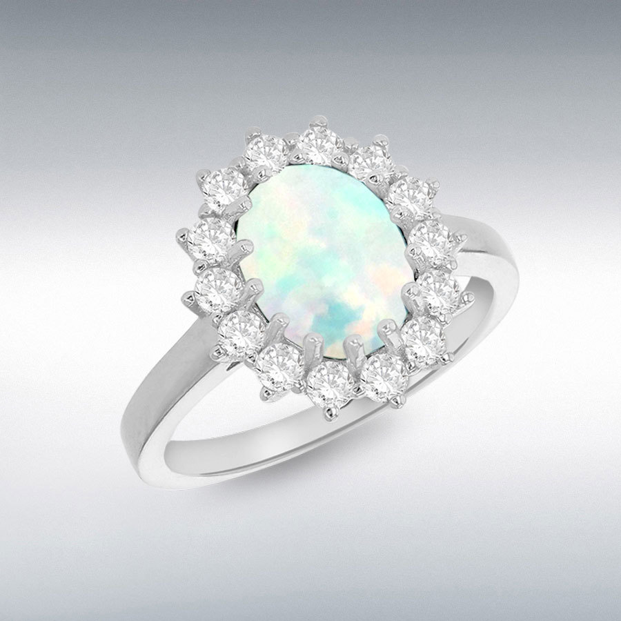 Sterling Silver Rhodium Plated Oval Synthetic Opal and White CZ 12mm x 14mm Flower Cluster Ring