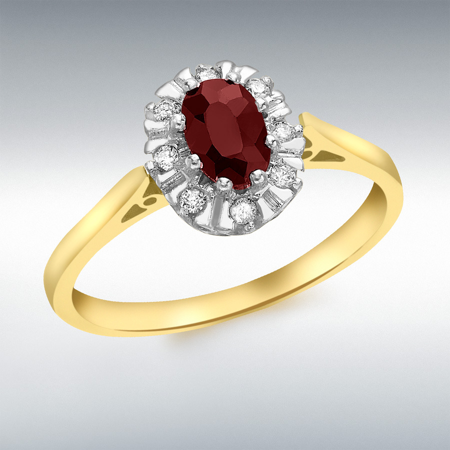 9ct Yellow Gold 0.08ct Diamond and Garnet Cluster Shoulder-Detail Ring