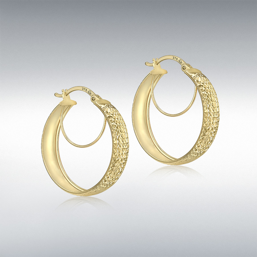 9ct Yellow Gold 24mm Diamond Cut Double-Hoop Creole Earrings