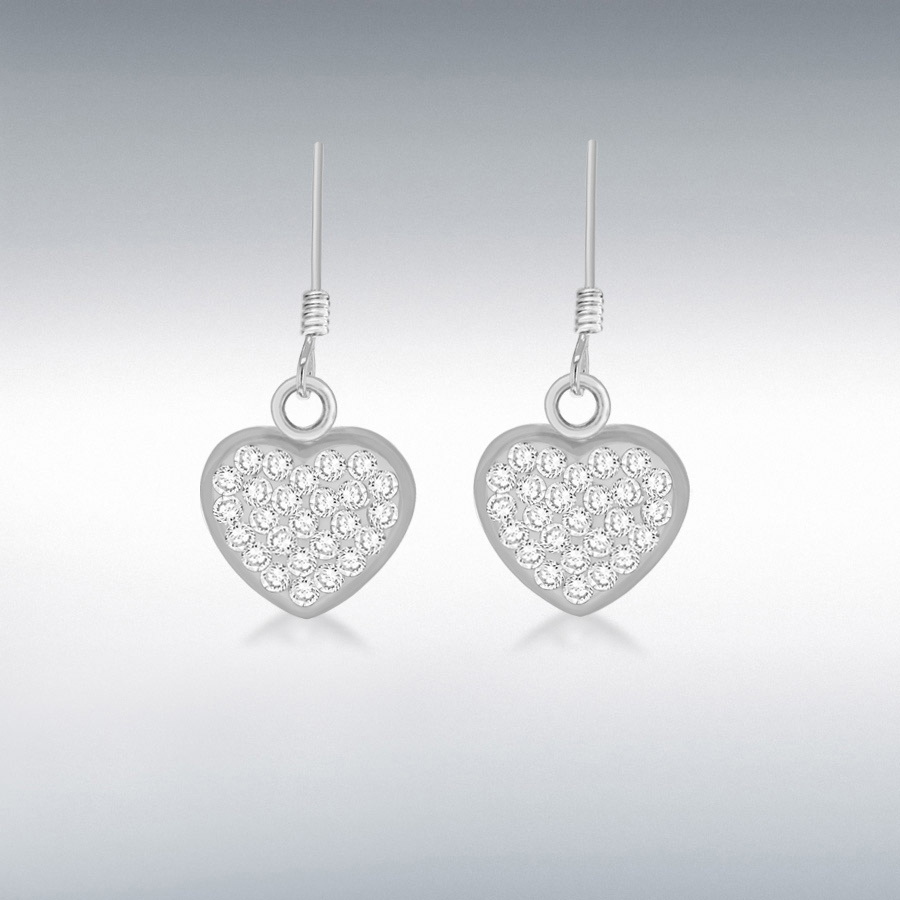 Sterling Silver White Crystal 11.5mm x 26mm Heart Drop Earrings