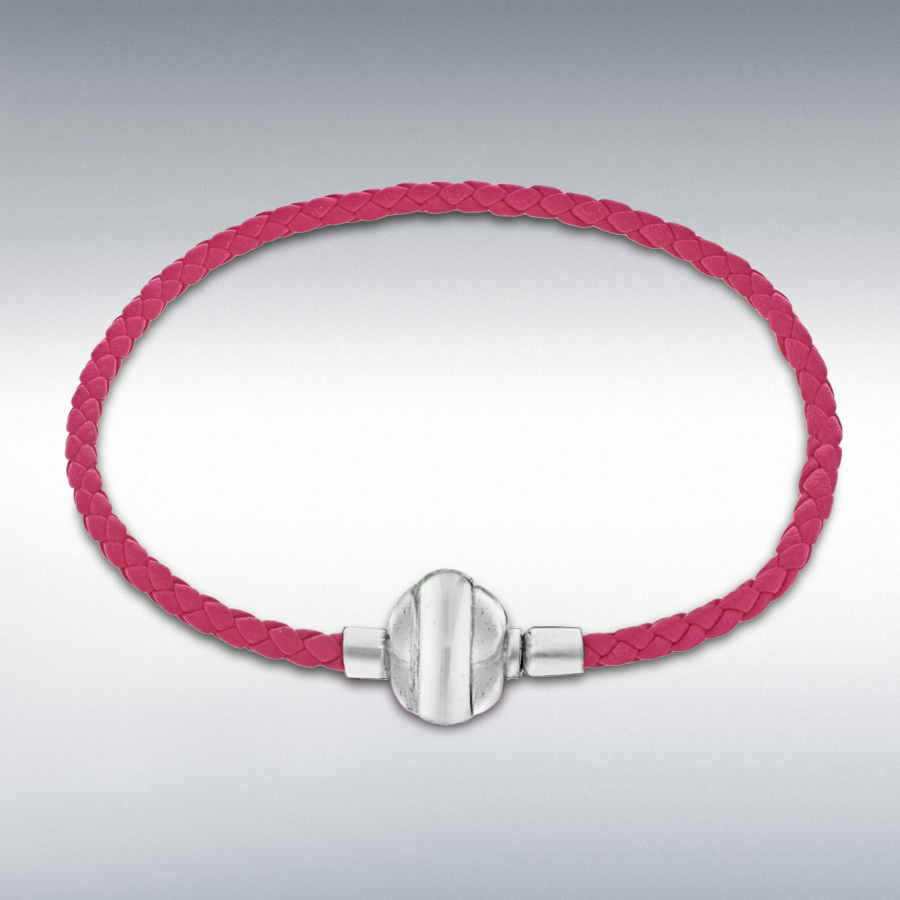 Sterling Silver Fuchsia Plaited Leather Bracelet 19cm/7.5"