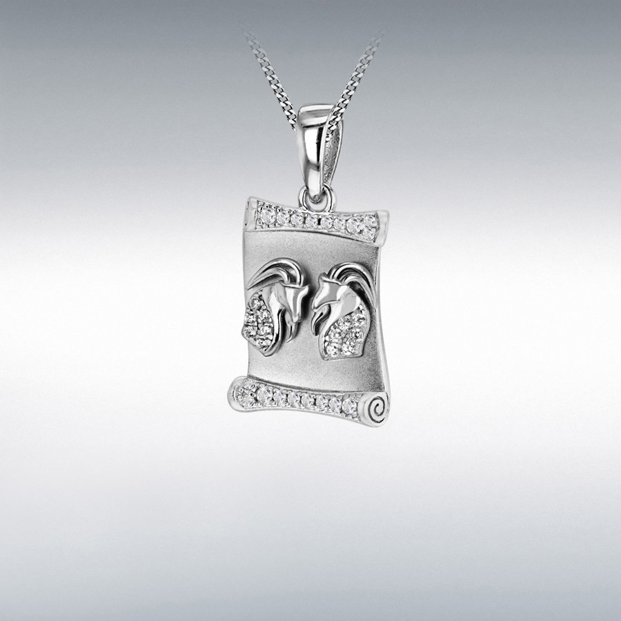 Sterling Silver Rhodium Plated CZ 12mm x 23.5mm Aries Zodiac Scroll Pendant