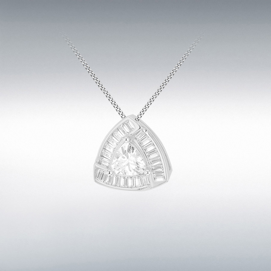 Sterling Silver Rhodium Plated Trillion and Baguette CZ 11mm x 11mm Triangle Slider Pendant