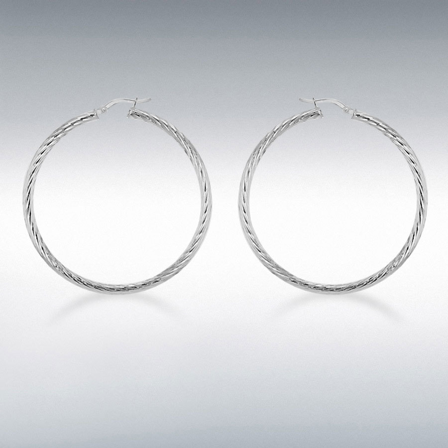 Sterling Silver 50mm Twist Diamond Cut Hoop Creole Earrings