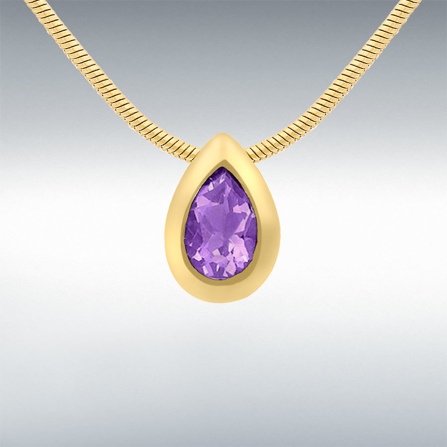 9ct Yellow Gold Amethyst 6mm x 9mm Teardrop Pendant on Snake Chain Necklace 41cm/16"