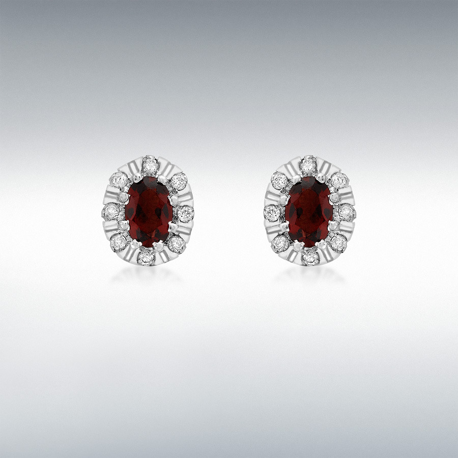 9ct White Gold 0.17ct Diamond and Garnet Cluster 8mm x 9mm Stud Earrings