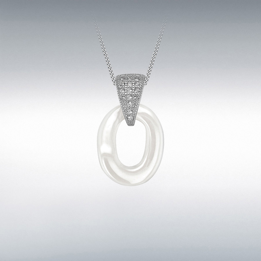 Sterling Silver Rhodium Plated CZ White Ceramic Organic Oval Pendant