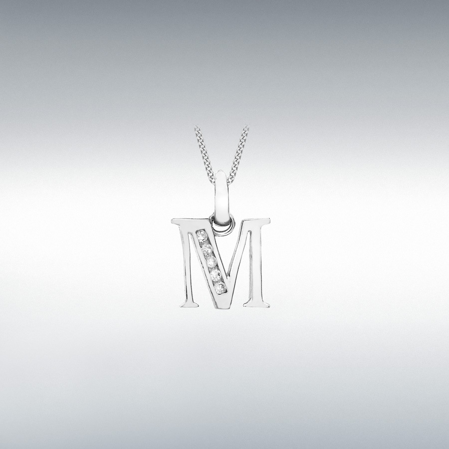 9ct White Gold CZ 10mm x 11mm 'M' Initial Pendant