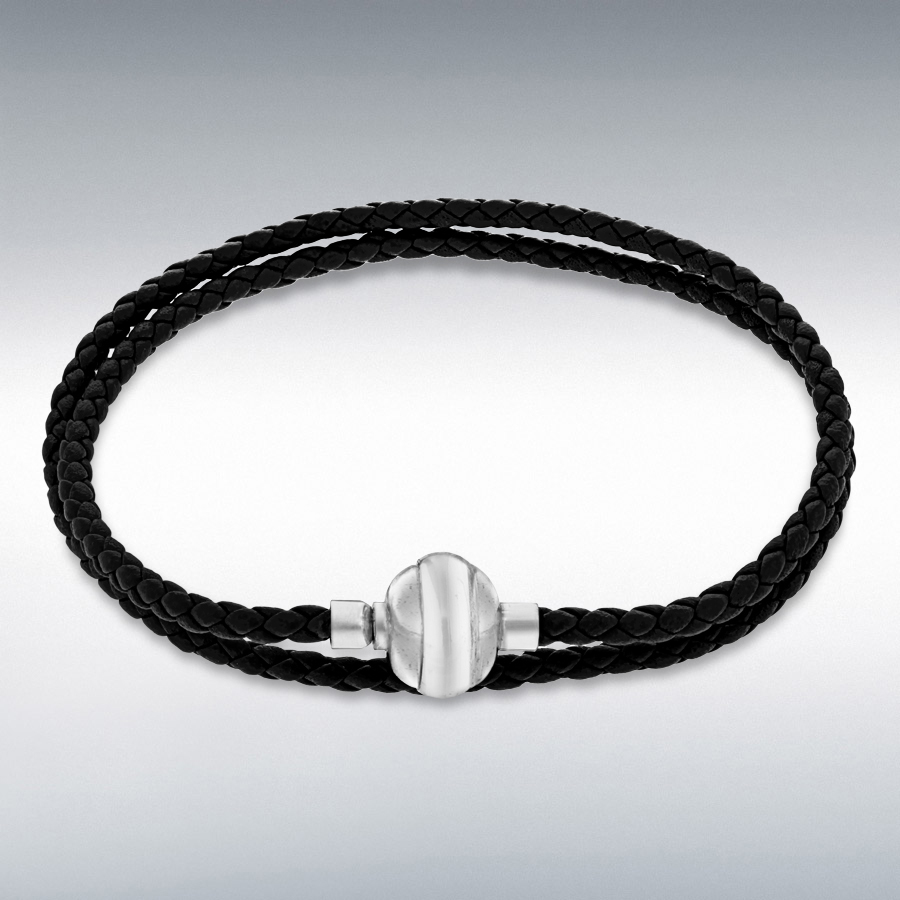 Sterling Silver Black Plaited Leather Wrap Bracelet 41cm/16"