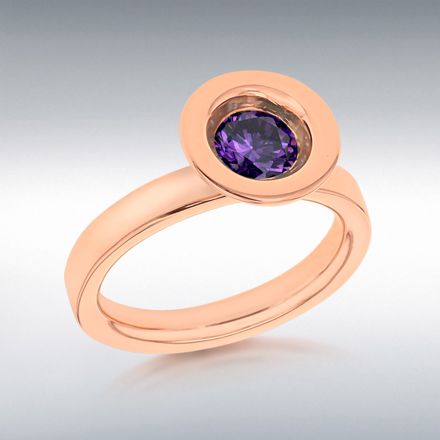 Sterling Silver Rose Gold Plated Round Purple CZ Stacking Ring