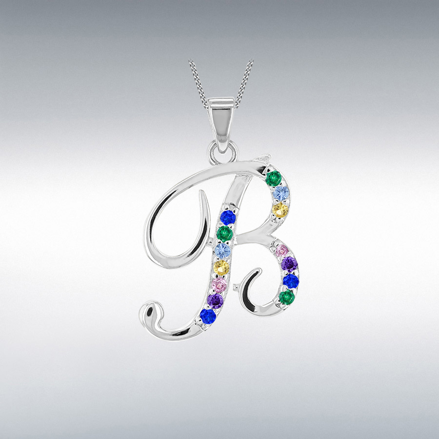 Sterling Silver Rhodium Plated with Multi-Coloured CZ Script B Initial Pendant