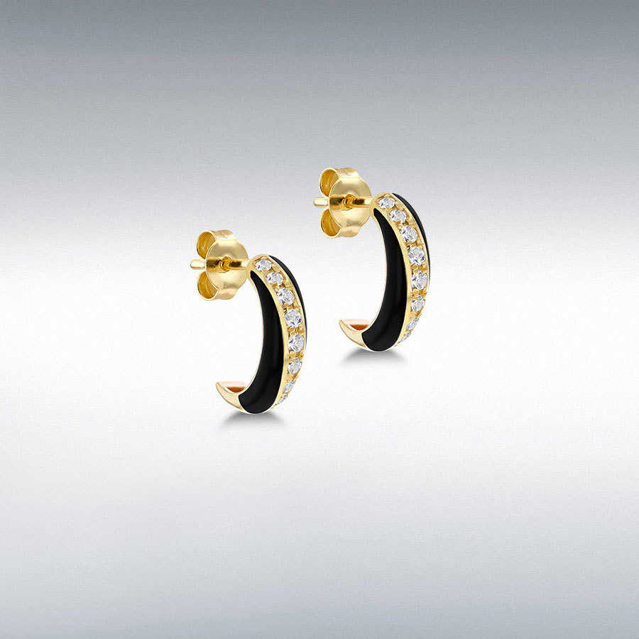 9CT YELLOW GOLD BLACK ENAMEL WITH DIAMONDS HALF SWIRL STUD EARRINGS