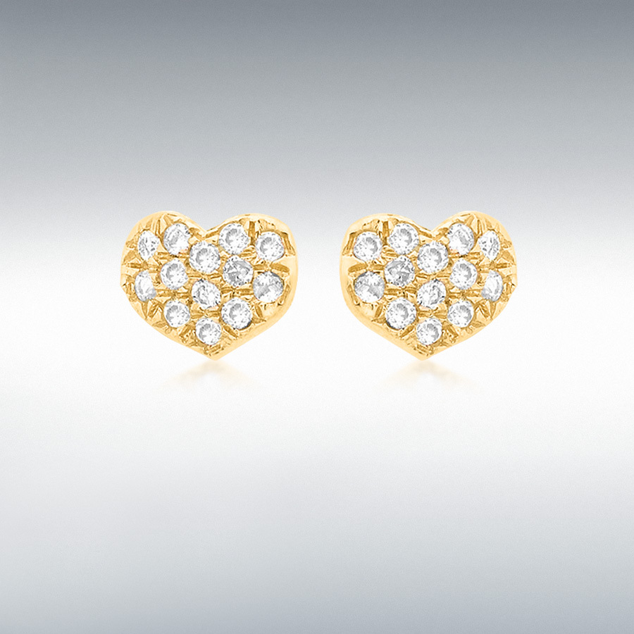 9ct Yellow Gold 0.10ct Diamond Pave Set 6mm x 4mm Heart Stud Earrings