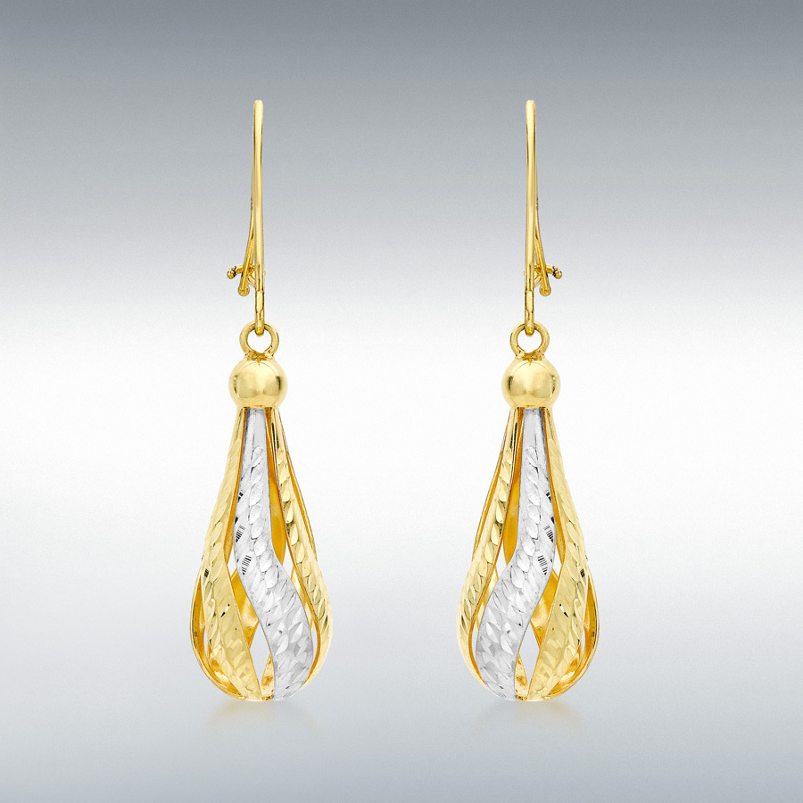 9ct 2-Colour Gold 7mm x 34mm Diamond Cut Teardrop Earrings