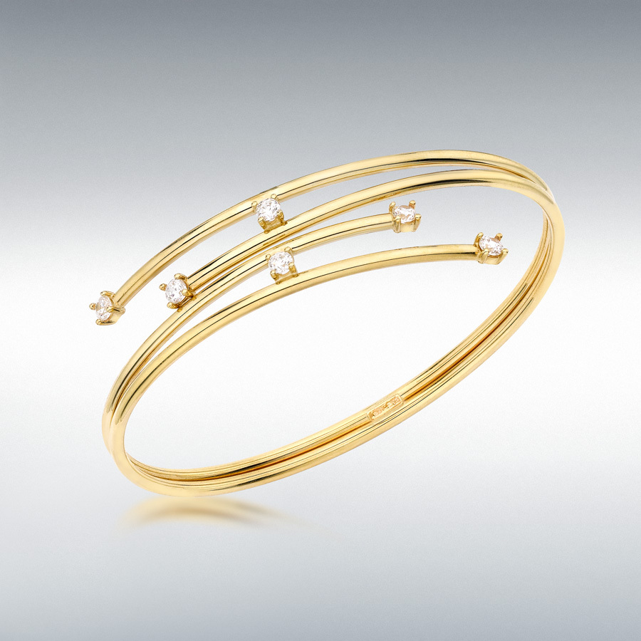 9ct Yellow Gold CZ 6-Stone Double-Tube Crossover Bangle
