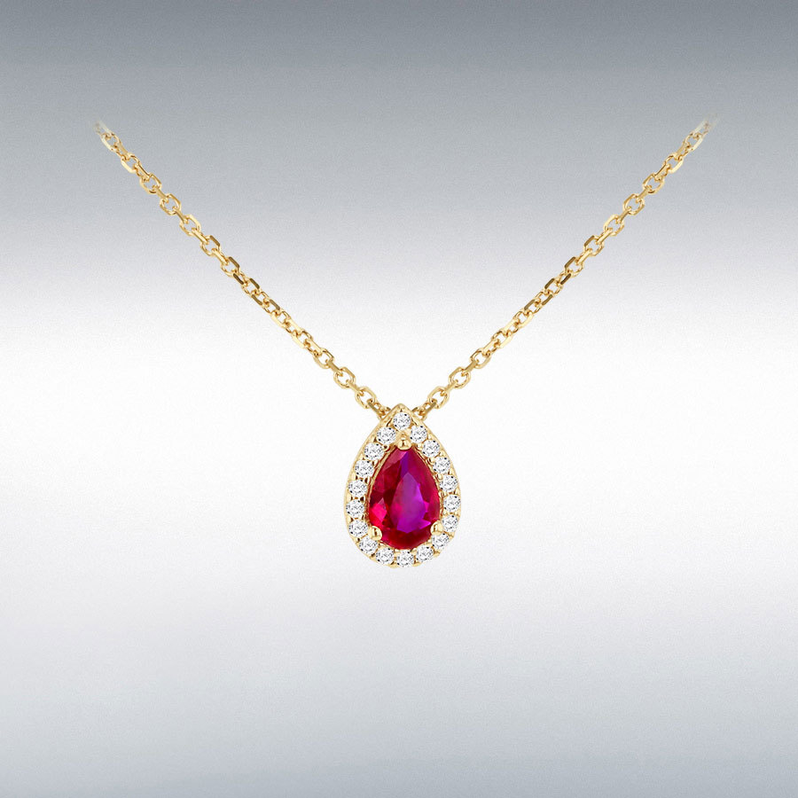 9ct Yellow Gold Red Pear Shape CZ Halo Necklace 43cm/17"-46cm/18"