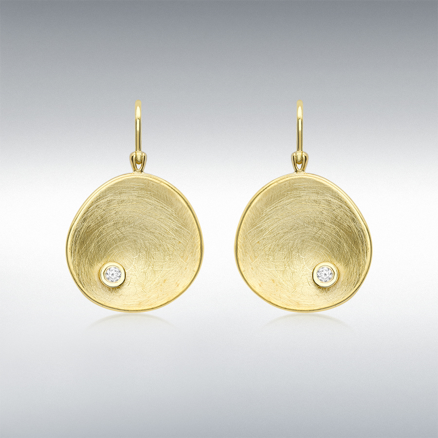 9ct Yellow Gold CZ 18.5mm x 29mm Brushed Concave-Organic-Disc Drop Earrings