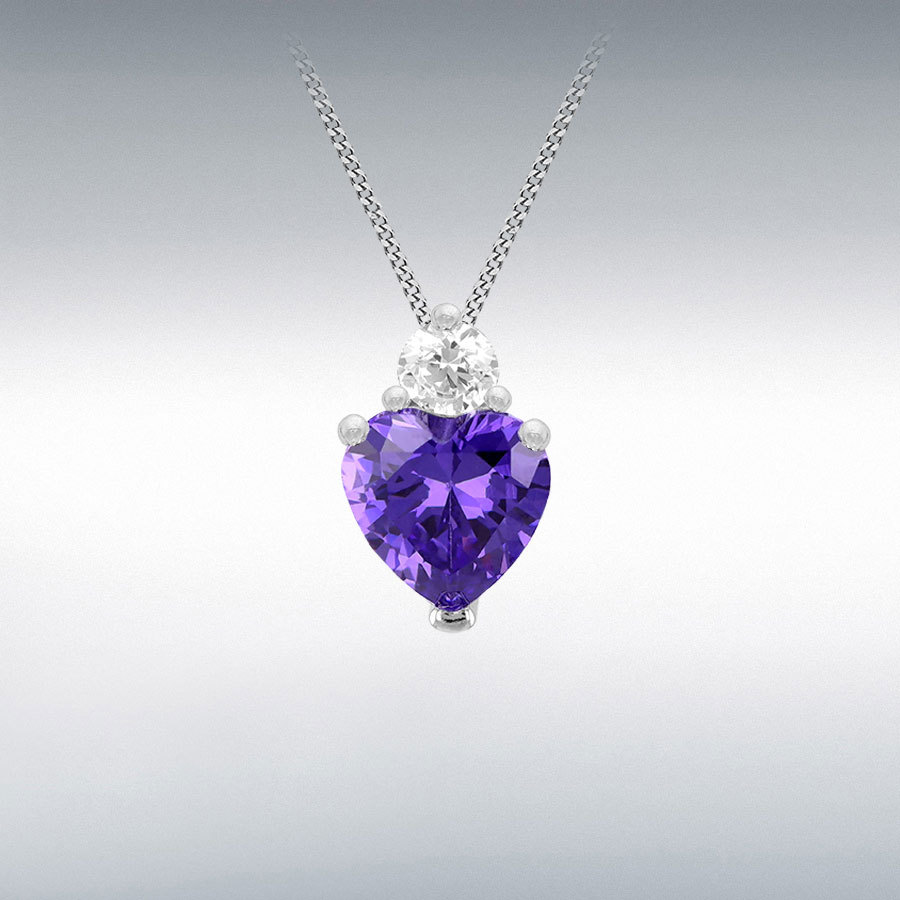 Sterling Silver Rhodium Plated 6mm Heart Shape Light Purple CZ with 3mm Round White CZ Pendant