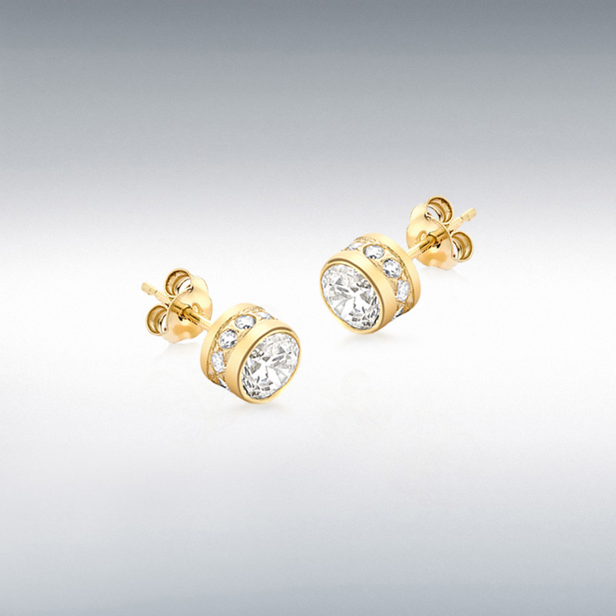 9ct Yellow Gold CZ and Pave Set 5mm Round Stud Earrings