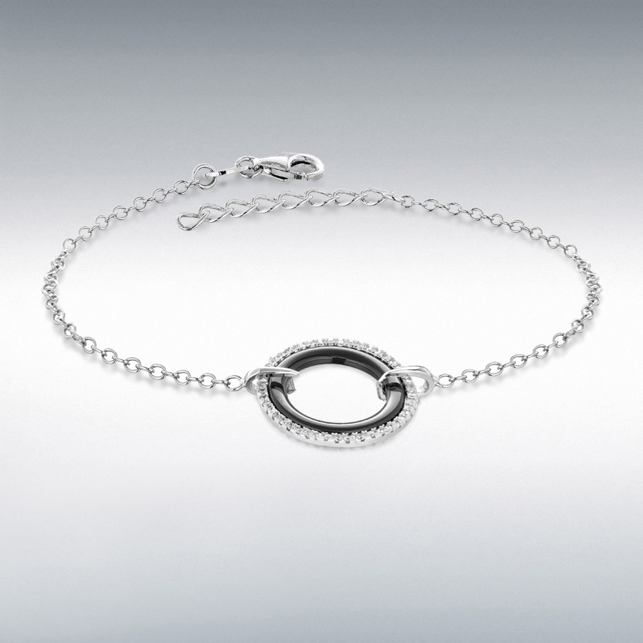 Sterling Silver Rhodium Plated Pave Set CZ and Black Ring Bracelet 18cm/7"