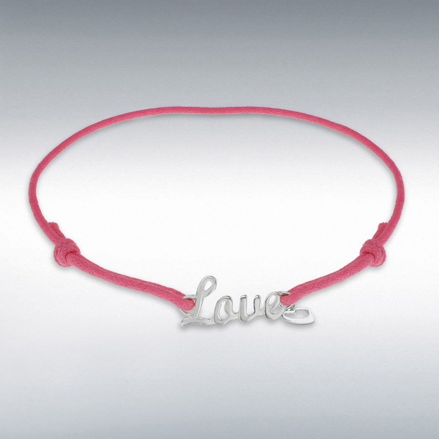 Sterling Silver Rhodium Plated 'Love' and Heart Charm Pink Cord Adjustable Bracelet 13cm/5" - 21.5cm/8.5"