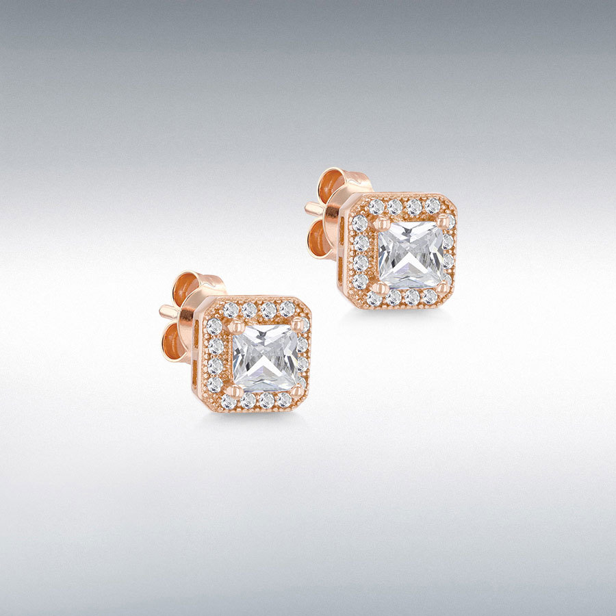 Sterling Silver Rose Gold Plated CZ 7mm x 7mm Square Stud Earrings