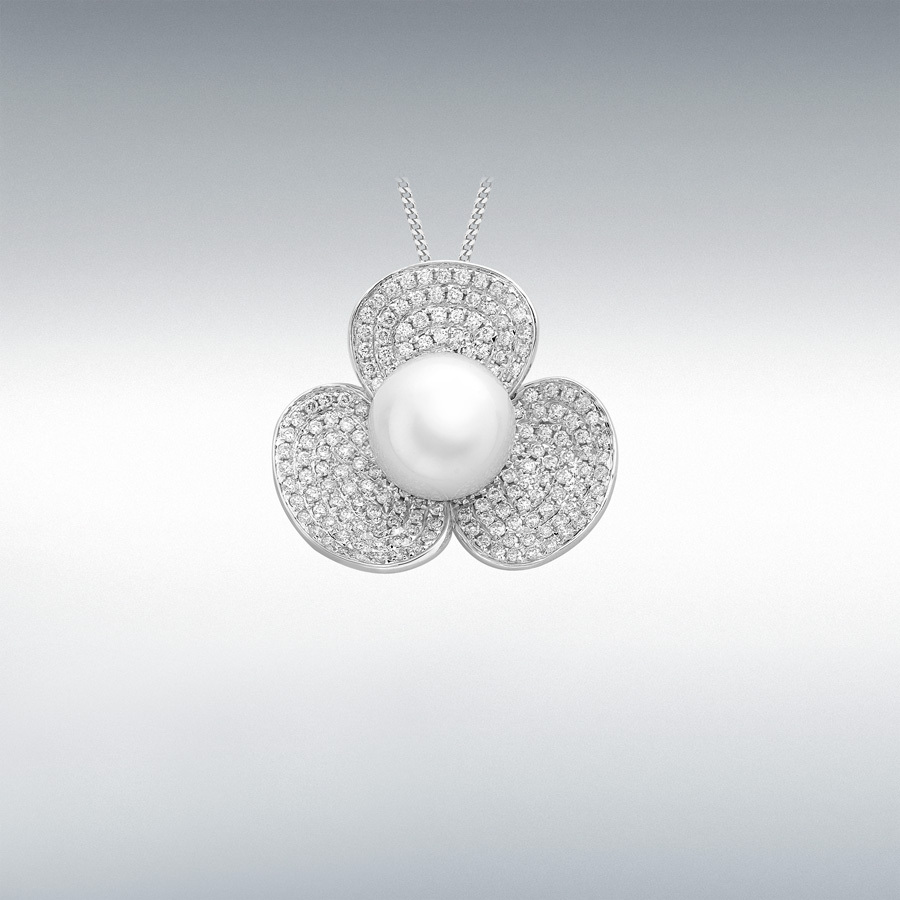 18ct White Gold 0.75ct Diamond and Freshwater Pearl Flower Pendant