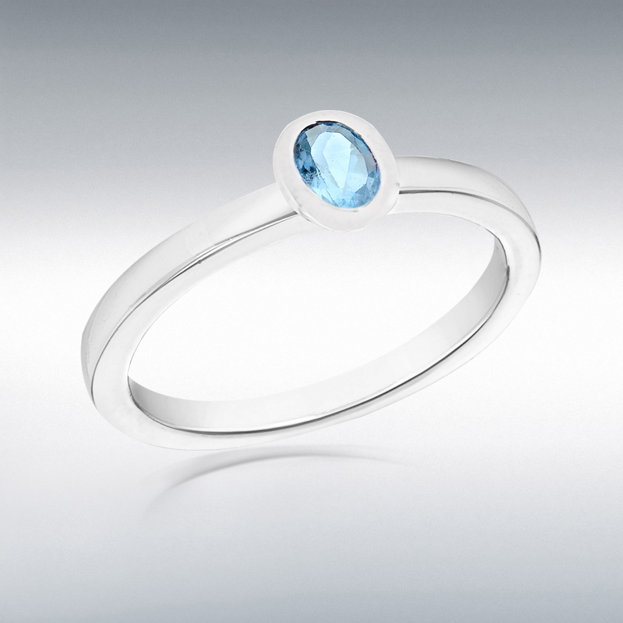 Sterling Silver Blue Oval CZ Solitaire Square-Tube Band Ring