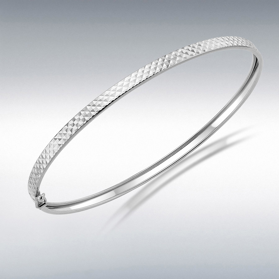 9ct White Gold Diamond Cut Flat Tube Bangle 