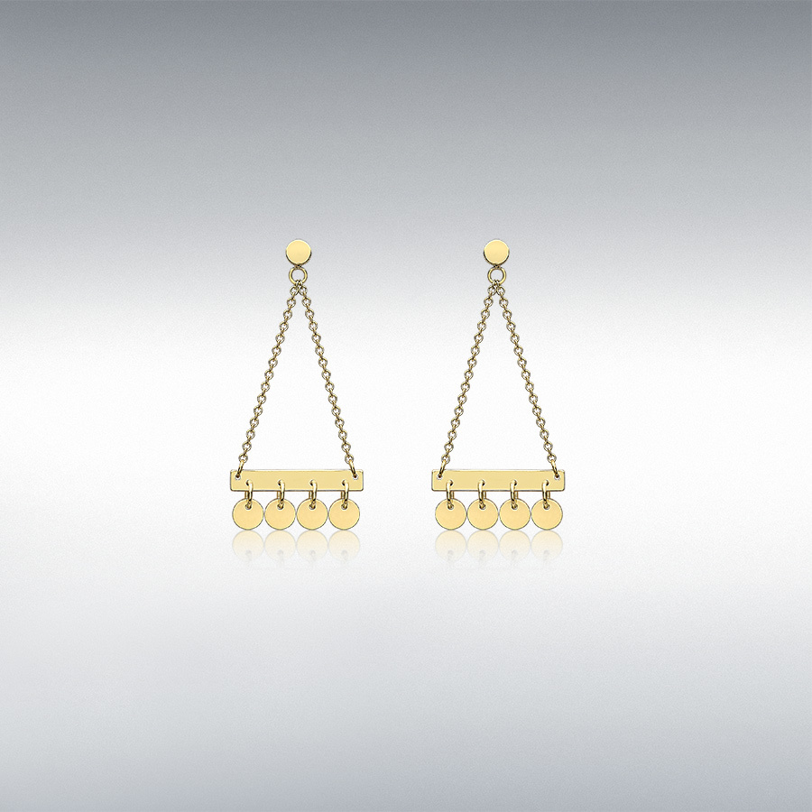 9ct Yellow Gold 15mm x 33mm Bar-and-Hanging-Discs Drop Earrings