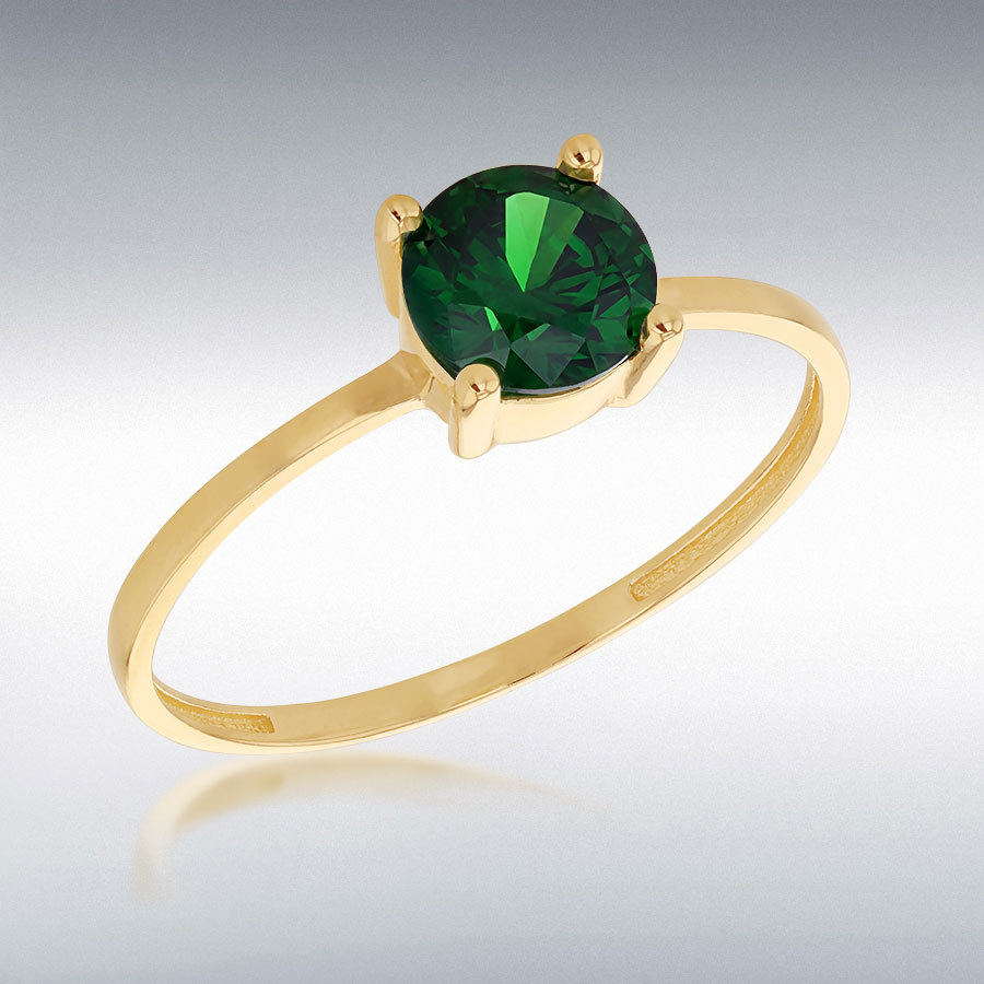 9ct Yellow Gold 6mm Green Round Cut CZ Solitaire Ring